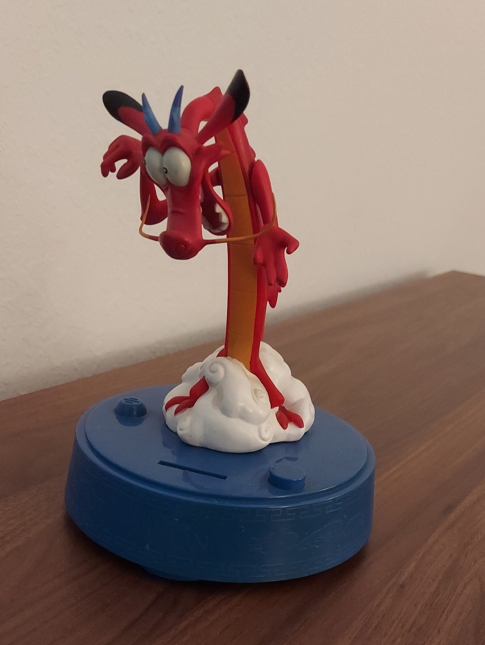 Disney MUSHU. Red Dragon Figurine Bank with Blue Base. Says His Catch Phrase